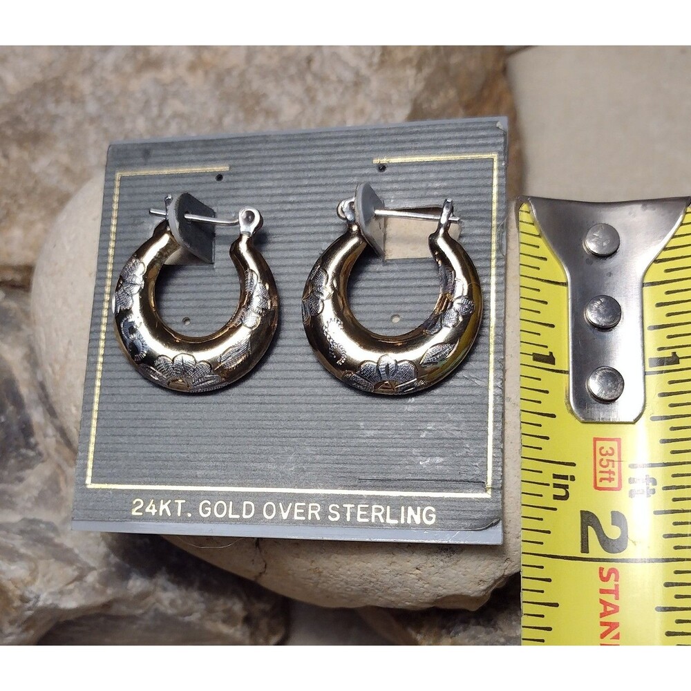 24KT Gold Over Sterling Floral Hoop Earrings - Gold - Picture 3 of 11